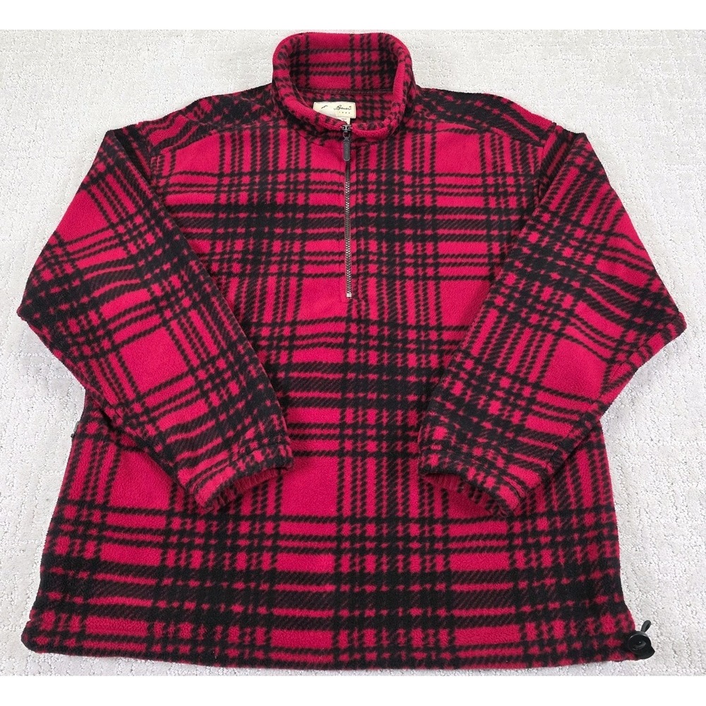 Vintage Eddie Bauer Jacket Men's Medium Red Black Plaid‎ Fleece 1/4 Zip Pullover
